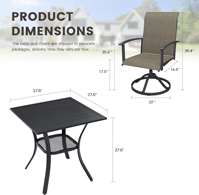 3 Pieces Small Patio Dining Set, Outdoor Furniture of 27.5" Square Small Patio Table and Patio Swivel Chairs for Backyard Lawn Garden, Black Table and Mixed Brown Chairs