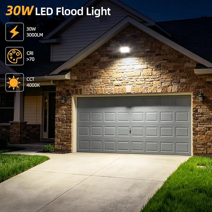 30W LED Outdoor Security Flood Lights,AC 120-277 Input | 100lm/W Efficacy,Super Bright LED Chips,7V×7H Beam Spread,180°Adjustable Knuckle Mount,IP65 Waterproof,4000K Color Temperatur