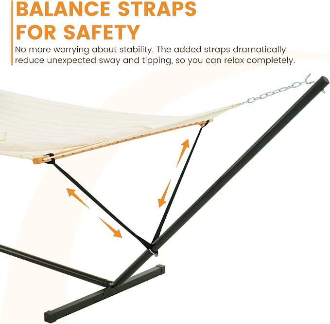 Lazy Daze Hammocks 2 Person Portable Hammock with 12FT Stand, Double Hand Woven Cotton Rope Hammock with Detachable Quilted Pad & Pillow for Outside, 450lb Capacity, Natural