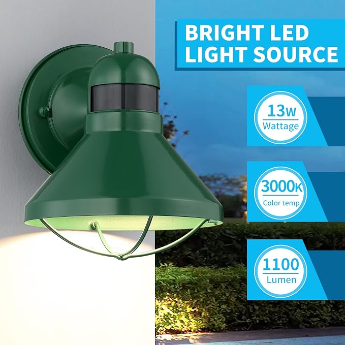 Dusk to Dawn Motion Sensor LED Outdoor Wall Light Fixture Green | Exterior Sconce Lighting Rustic Farmhouse Porch Lamp Waterproof Outside Barn Light Wall Mount for House Patio Garage