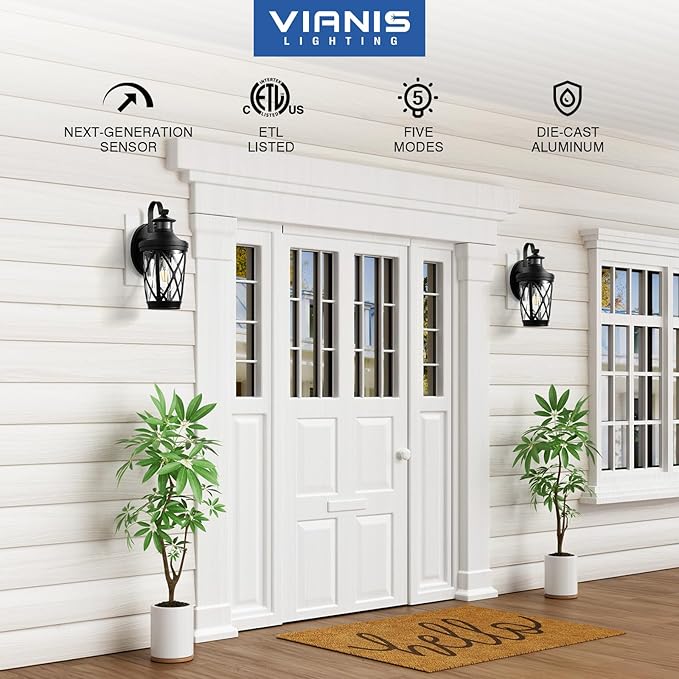 VIANIS Motion Sensor Outdoor Lights, Modern Patio Lights Outdoor Waterproof, Black Exterior Lighting Fixtures Lanterns for House, 100% Aluminum Outside Wall Mount Light Sconce for Garage, Porch, Coach