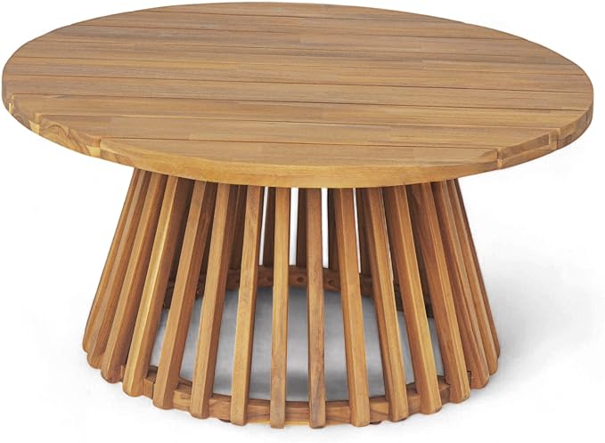 Wood Outdoor Round Coffee Table, Weather-Resistant Patio Table with Striped Base, for Garden, Deck, and Backyard, Brown