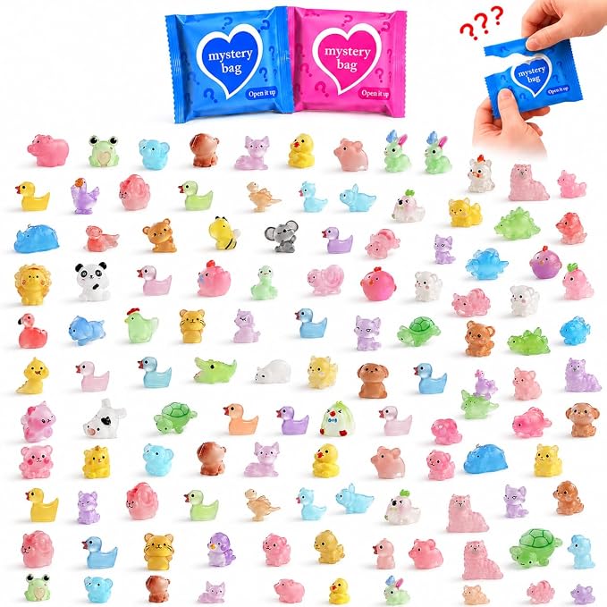 50 PCS Mystery Bag Mini Resin Animals, Glow in The Dark Tiny Animal Figurines Blind Bags Bulk, Cute Mini Resin Figures Surprise Box Toys for Kids, Classroom Prizes, Goodie Bag Stuffers, Party Favors