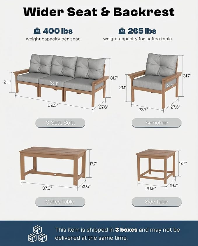 HDPE Outdoor Patio Furniture Set, 10-Piece Patio Conversation Set with 3-Seat Sofa, 4 Armchairs, 2 Side Tables & 1 Coffee Table, All-Weather Outdoor Sofa Set for Deck, Porch, Garden (Teak Frame)
