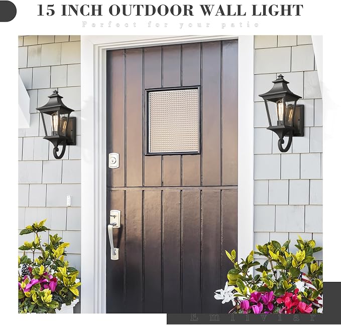Emliviar 2 Pack Outdoor Sconces Wall Lighting, 15 Inch Modern Outdoor Wall Light with Clear Glass, Black Finish, XE292UB-2PK BK