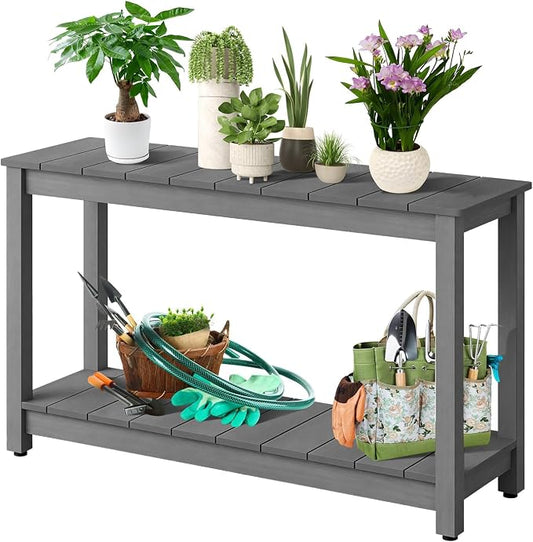 48 Inch 2-Shelf Console Table, Indoor Outdoor 2-Tier Patio Buffet Table with Adjustable Foot Pad, Wooden Bar Storage Organizer, Entryway Side Table for Patio, Porch, Backyard, Garden, Balcony