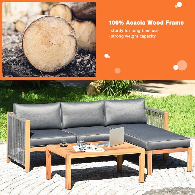Giantex 3 Piece Outdoor Patio Furniture Set, Acacia Wood Sectional Sofa w/Seat Cushions, Wooden Conversation Seat Couches and Coffee Table, Cushioned Garden Sofa Set for Outdoor Indoor (Grey)