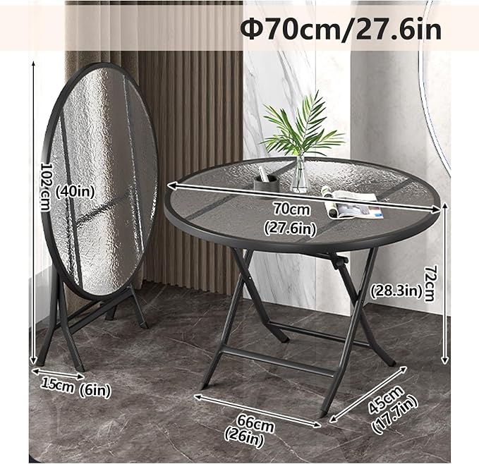 Folding Glass Outdoor Side Table, Patio Coffee Table, Weather Resistant Outdoor Round End Table, Portable Indoor Outdoor Glass Table, Modern Round Folding Dining Table, Space Saving Dining Table