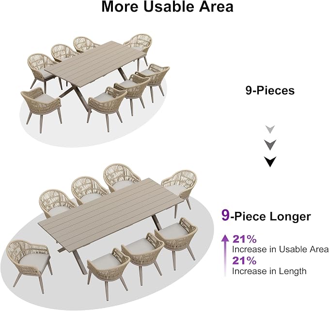 PURPLE LEAF 9 Piece Longer Patio Dining Set with Outdoor Aluminium Dining Table and Woven Chairs Modern Metal Furniture Cushions Sets for Garden Yard Indoor Decor Kitchen Champagne