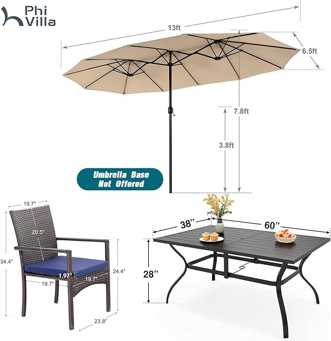 PHI VILLA 7pc Patio Dining Set with Beige Umbrella, 6 Rattan Chairs | PE Rattan Chairs with Cushion, 13ft Large Beige Umbrella, Powder-coated, for Deck, Yard, Porch