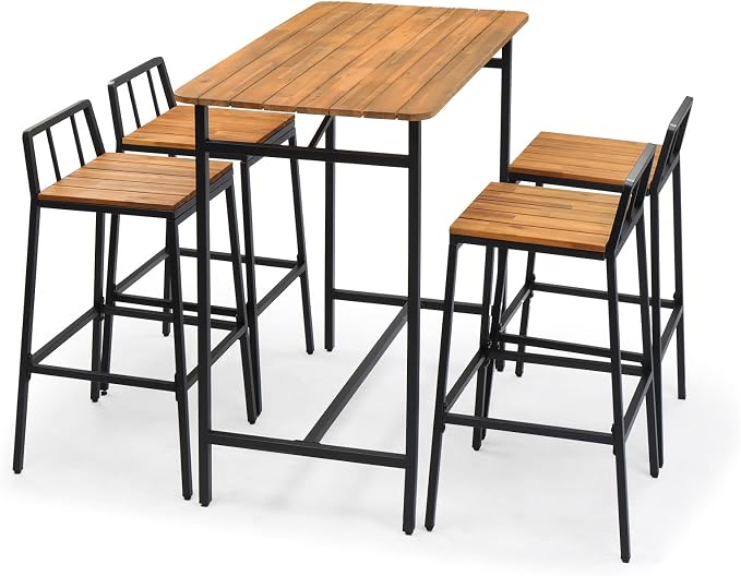 5-Piece Acacia Wood Patio Dining Set, Outdoor Garden Table & 4 Chairs With Rustic Brown Finish, Heavy Duty Iron Frame Furniture for Backyard Deck Porch, Garden Table & Chairs, Outdoor Dining Furniture
