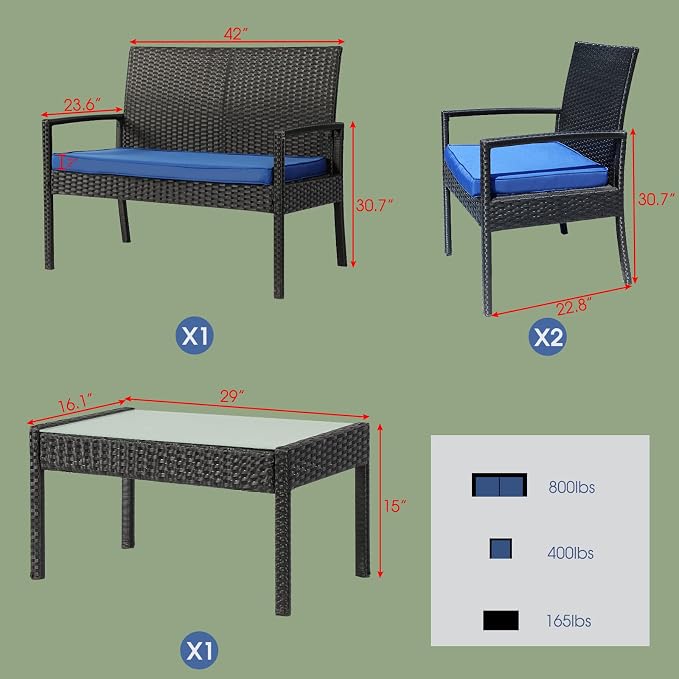 4 Piece Outdoor Patio Furniture Set, Rattan Patio Conversation Set | Thick Polyester Cushions, Tempered Coffee Table, Steel Frame Easy Assembly, Suit for Backyard Porch Poolside Balcony, Blue