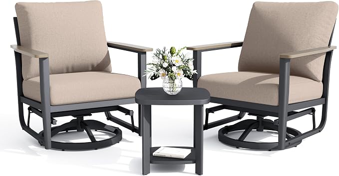 Aluminum Swivel Rocking Chairs, 3-Piece Outdoor Patio Furniture Set with Side Table, Rust-Proof Metal Gliders with Wood-Like Armrests & 5.1" Thick Cushions for Backyard, Porch, Khaki