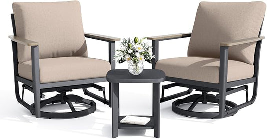 Aluminum Swivel Rocking Chairs, 3-Piece Outdoor Patio Furniture Set with Side Table, Rust-Proof Metal Gliders with Wood-Like Armrests & 5.1" Thick Cushions for Backyard, Porch, Khaki
