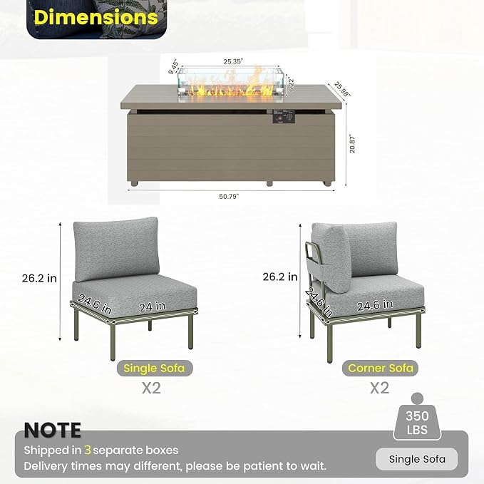 Sundale Outdoor 5 Pieces Patio Furniture Set with Fire Pit Table, Metal Outdoor Sectional Sofa with 6 Inch Olefin Cushion, All-Weather Modern Outdoor Conversation Sets for Backyard, Poolside