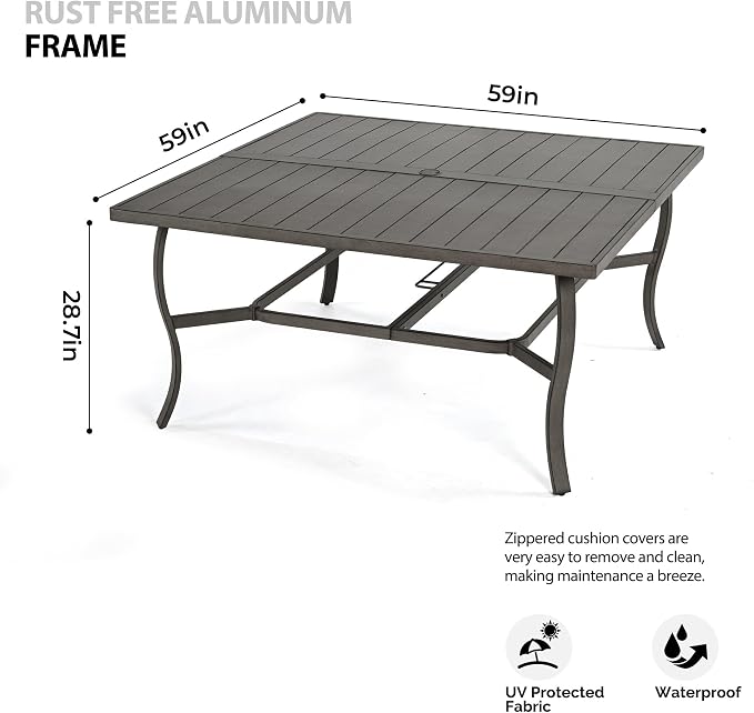 HAPPATIO Square Outdoor Dining Table, 59" Large Aluminum 8 Person Table with Umbrella Hole, All-Weather Aluminum Frame for Deck Lawn Garden Backyard Balcony Deck,