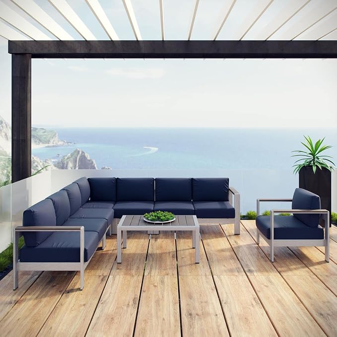 Modway Shore 7-Piece Aluminum Outdoor Patio Sectional Sofa Set in Silver Navy
