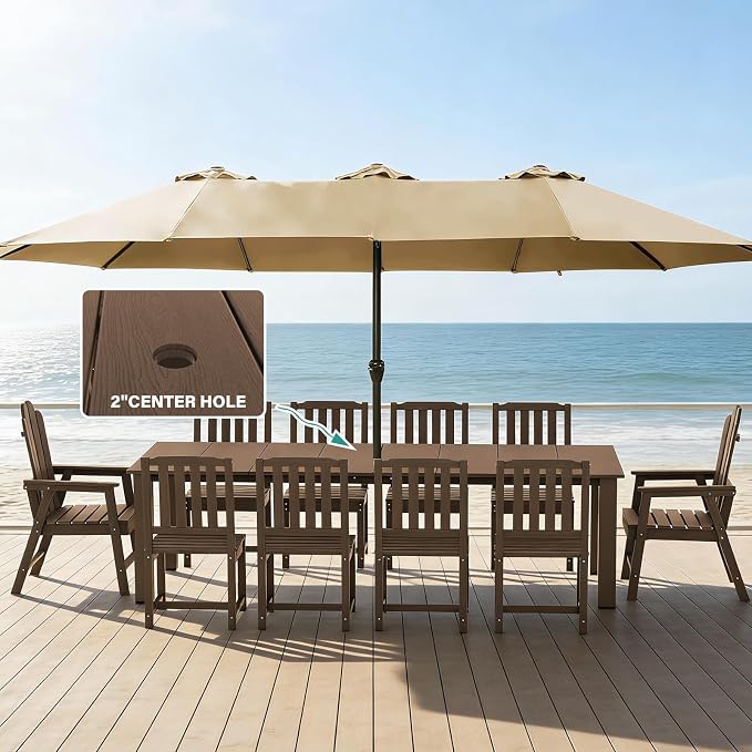 11 Piece Outdoor Dining Table for 10, HDPE Patio Furniture, Brown | 89.4” table,Large family 10 person dining set, mixed chair eco-friendly HDPE, heat and moisture resistant for outdoor dining