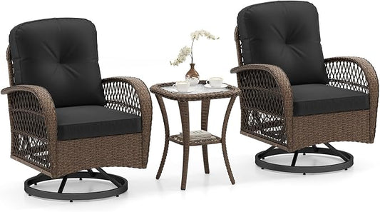 ORALNER 3 Pieces Wicker 360° Swivel Rocker Set Patio Furniture, Rocking Chairs with Cushions, Tempered Glass Coffee Table, Outdoor Rattan Bistro Set for Balcony Front Porch Deck Poolside (Black)