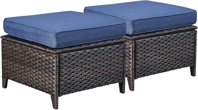 Rilyson Luxury Outdoor Wicker Patio Ottomans Set of 2, 250 lbs Capacity Rattan Large Ottomans for Patio Footrest Set 22.8in*22.8in*14in with 3.5in Thick Cushion (Brown/Blue)