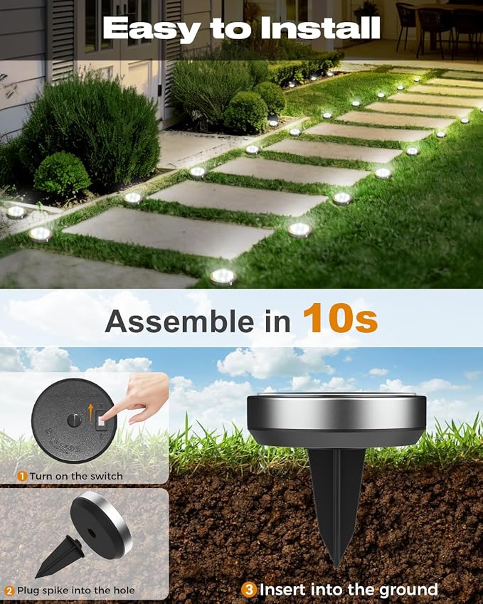 btfarm 4 Pack Solar Lights Outdoor, 8 LED Solar Ground Lights IP65 Waterproof Flat Solar Disc Light, Pathway Lights for Garden Lawn Patio Yard Path Landscape, Cool White