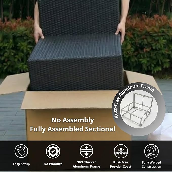 Fully Assembled 11 Piece Outdoor Aluminum Wicker Patio Furniture with 6-inch Sunbrella Beige Rainshield All Weather Cushions, Oversized Seats and 42-inch Fire Table