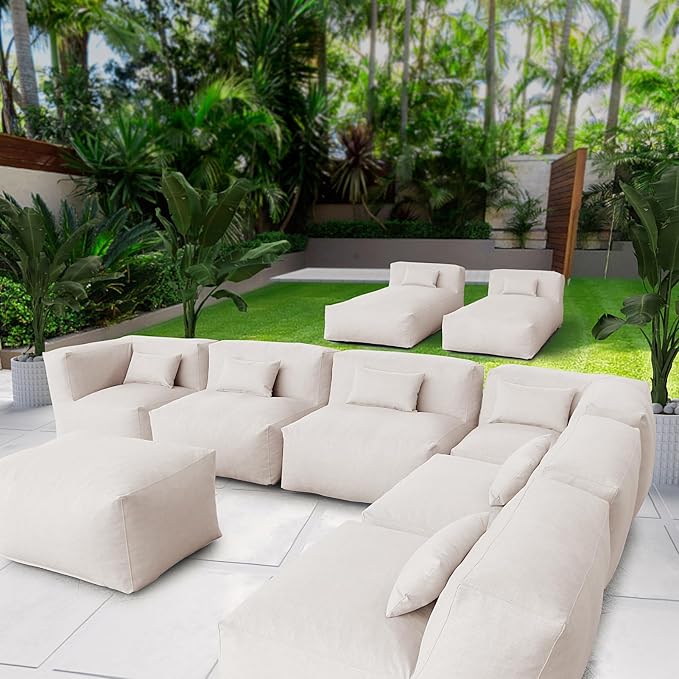 ANNYH Patio Eraclea 9PCS OUTDOOR Furniture Sectional Conversation Set - 2 Lounger 4Middle 2 Corner 1 Ottoman/Coffee-Expansion Foam Filling CHAIRS. UNIQUE Modular Contemporary Sofa (Light Beige)