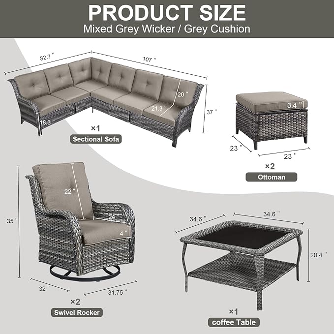 Belord 8 Piece Wicker Patio Furniture Set, Outdoor Swivel Rocker Chairs Set of 2 with Ottomans and Sectional Couch, All Weather Patio Conversation Furniture Set, for Pool,Yard Gray Wicker/Gray