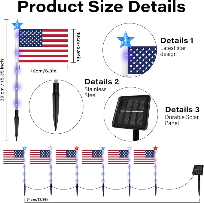 4th of July Decorations Outdoor American Flag Lights, 6-Pack Red White and Blue Solar Stars Lights with 6 USA Flags & 30LED,Bright Patriotic Pathway Lights for Memorial Day Yard Lawn Decor