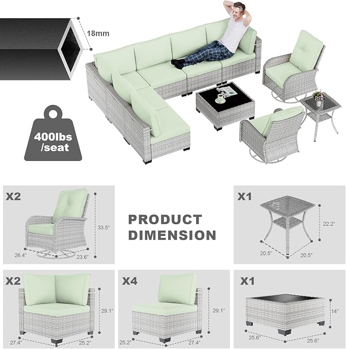 10-Piece Patio Furniture Set, Outdoor Patio Furniture with Swivel Chairs Set, Thick Cushions, Modular Patio Sofa, Dual-Strand Rattan, Rust-Resistant Frame, Light Green