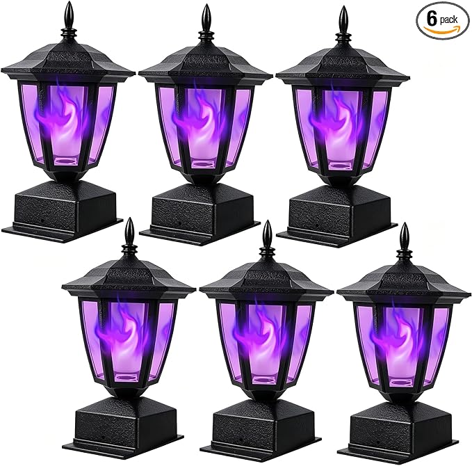 Dynaming Solar Flame Post Cap Lights Outdoor, Halloween Flickering Purple Flame Post Lights, Solar Powered LED Lantern Waterproof for Garden Deck Fence Patio, Fit 4x4, 5x5 or 6x6 Wooden Posts, 6 Pack