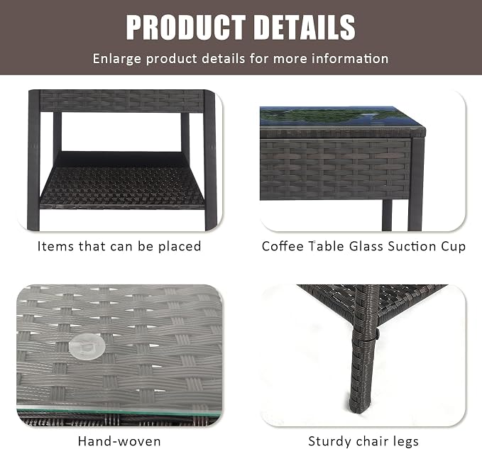 Wicker Rattan Side Table,Outdoor Patio Wicker Table,Modern Patio End Side Table with Glass Countertop and Storage Space,for Garden Balcony Porch