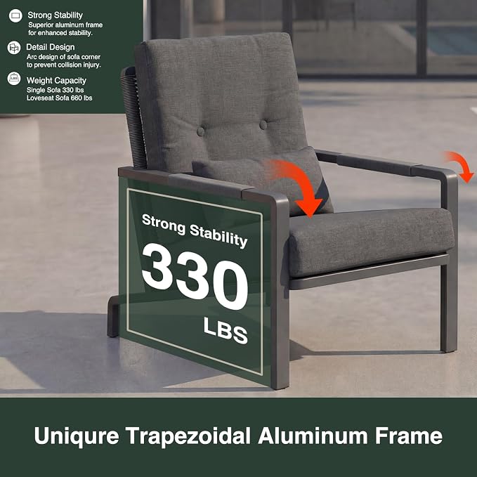3-Piece Small Patio Set, Gray Aluminum Outdoor Furniture Set with Loveseat, 2 Chairs & Coffee Table, Metal Patio Conversation Set with Thick Cushions, Weather-Resistant