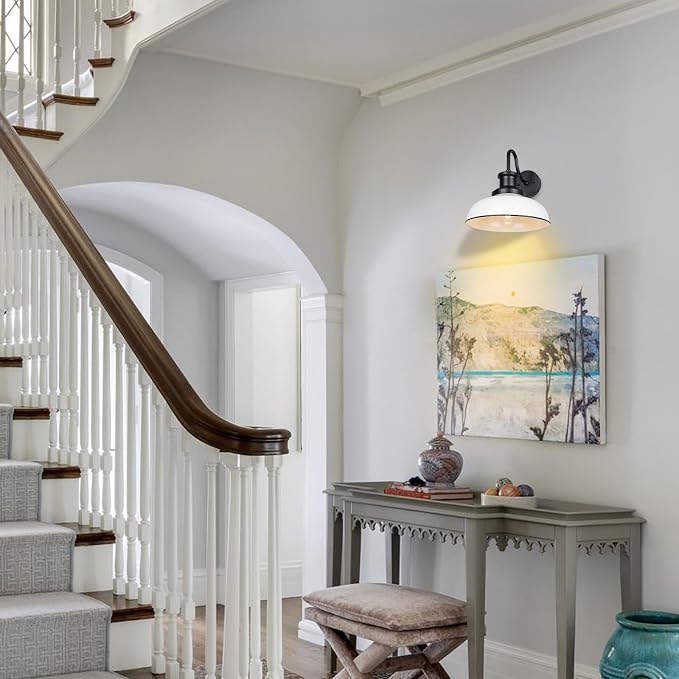 Outdoor Barn Light, Rustic Outdoor Wall Sconce, Farmhouse Exterior Wall Mount Light, Vintage Indoor Wall Lighting Fixture, Industrial White Lantern Lamp for Porch, Garage, Patio, RZ007 WH