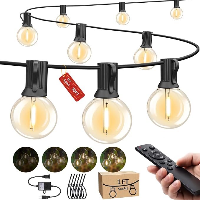 Outdoor String Lights 30FT 28 Bulbs(1 FT Apart) Remote Lighting for Patio | Waterproof Connectable Outside Lights(12 inch Far Apart) with Remote Timer&3 Modes for Backyard Bistro Garden Porch Party