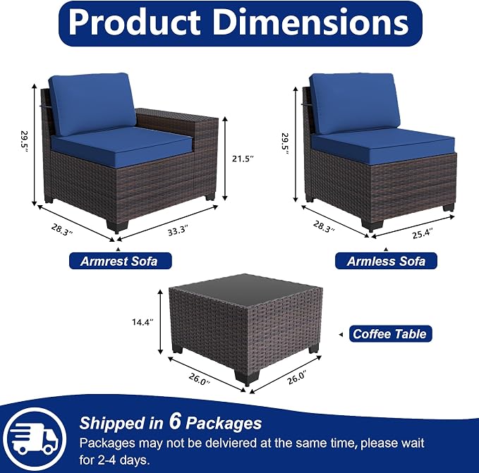 Outdoor Patio Furniture Set, 12 Pieces Outdoor Sectional Furniture High Backrest Patio Set, All-Weather PE Rattan Patio Conversation Set w/Coffee Tables & Cushions-(Dark Blue)