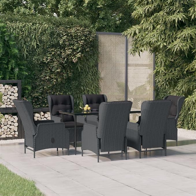 7 Piece Patio Dining Set with Dark Gray Poly Rattan, Tempered Glass Table, and Adjustable Backrest Chairs for Outdoor Garden