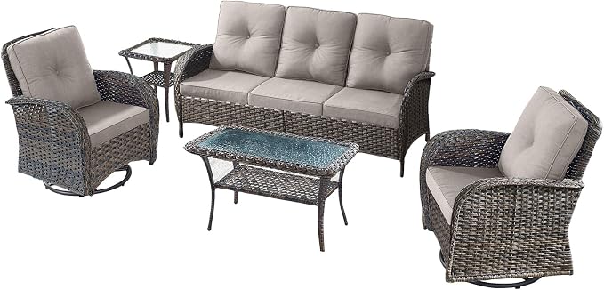 5 Pieces Wicker Patio Furniture Set-Outdoor Swivel Rocker Patio Chairs Patio Sofa Set with Tempered Glass Top Outdoor Coffee Table for Deck Lawn Porch Balcony Poolside-Brown/Beige