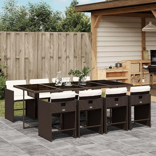 9 Piece Patio Dining Set, Outdoor Rattan Cube Table and 8 Chairs with Padded Cushions, Space-Saving Backyard Furniture for Garden, Brown