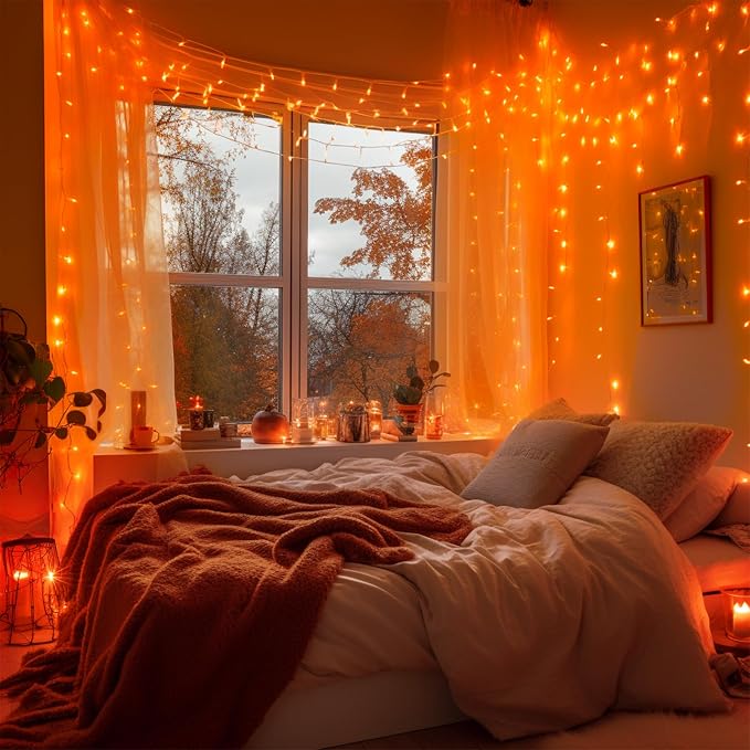 JMEXSUSS Orange String Lights for Halloween, 600 LED Fall Lights Outdoor | Orange Christmas Lights Plug in with Remote, Thanksgiving Day Lights Clear Wire for Indoor Room Yard Tree Fall Decor