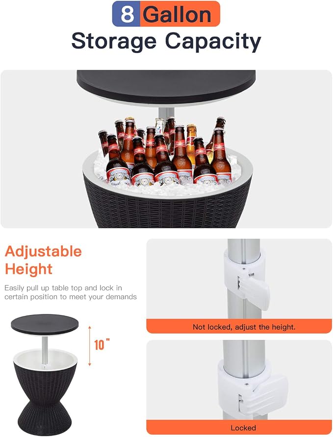FDW Cool Bar Cooler Table Outdoor Patio Furniture and Hot Tub Side Table 3in1 All-Weather Cool Wicker Bar Table + Ice Bucket + Cocktail Coffee Table with 8 Gallon Beer and Wine Cooler (Black)