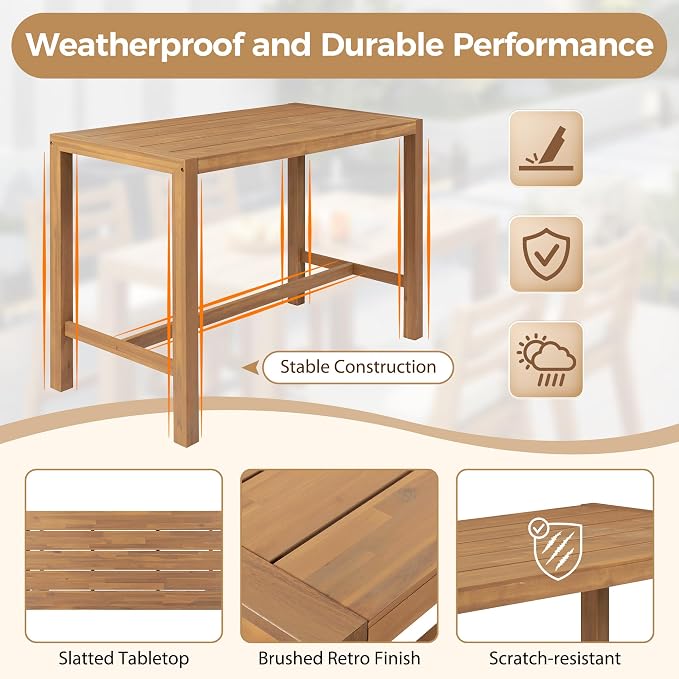 WILLIAMSPACE 51.9" 5-Piece Outdoor Bar Table Set, Patio Acacia Wood Bar Height Table & 4 Chairs with Cushions, Solid Wood Outdoor Dining Bistro Bar Set for Poolside, Balcony, Backyard (Light Teak)
