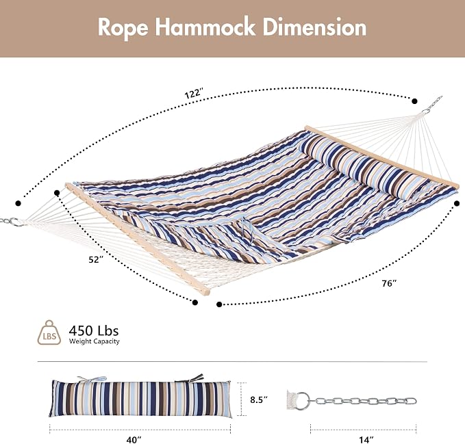 ANOW Outdoor Double Rope Hammock with Pad, Portable Hammock for Patio, Backyard, Beach, 450 LBS Weight Capacity, Blue Seaside