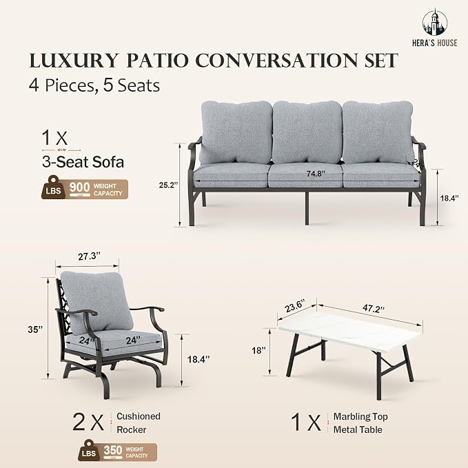 HERA'S HOUSE 4 Piece Patio Furniture Set, 2 x Rocking Metal Frame Cushioned Chair, 3-Seat Sofa with Marbling Coffee Table, All Weather Outdoor Conversation Set for Lawn Garden Backyard, Grey