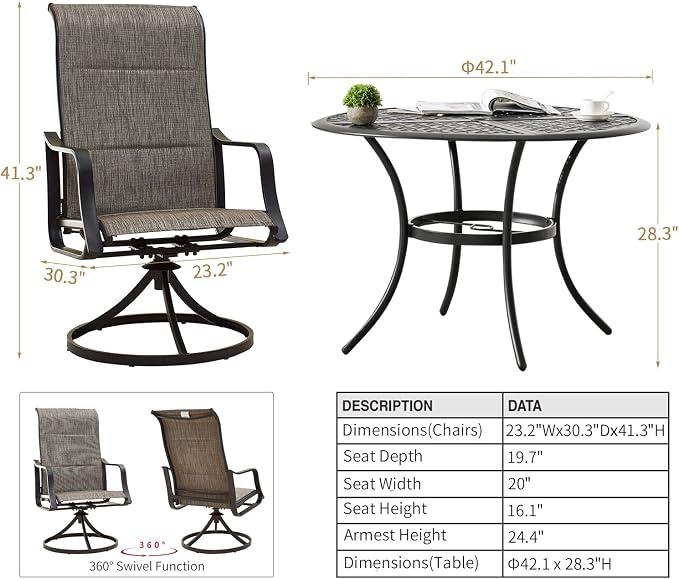 Patio Dining Set 5 Pieces Outdoor Furniture Sets Swivel Rocker Chairs Metal Round Table with All Weather Frame (5Pcs, Grey)