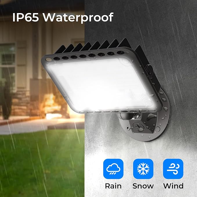CINOTON 65W LED Flood Lights Outdoor, IP65 Waterproof Exterior Security Wall Lights with 180°Knuckle, 9100LM 120V Outside Aluminum Lighting Fixture for Patio Porch Barn Garden 5000K 2 Pack, UL Listed
