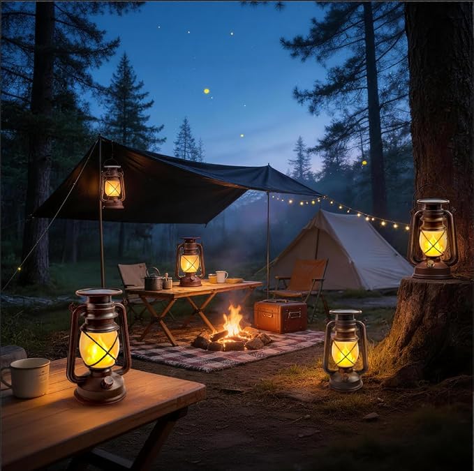 Solar Lanterns Outdoor Waterproof, 4 Pack Vintage LED Hanging Lights | Dancing Flame with Auto On/Off, Bronze Ambient Lighting Decor for Porch, Garden, Yard, Pathway, Patio & Camping