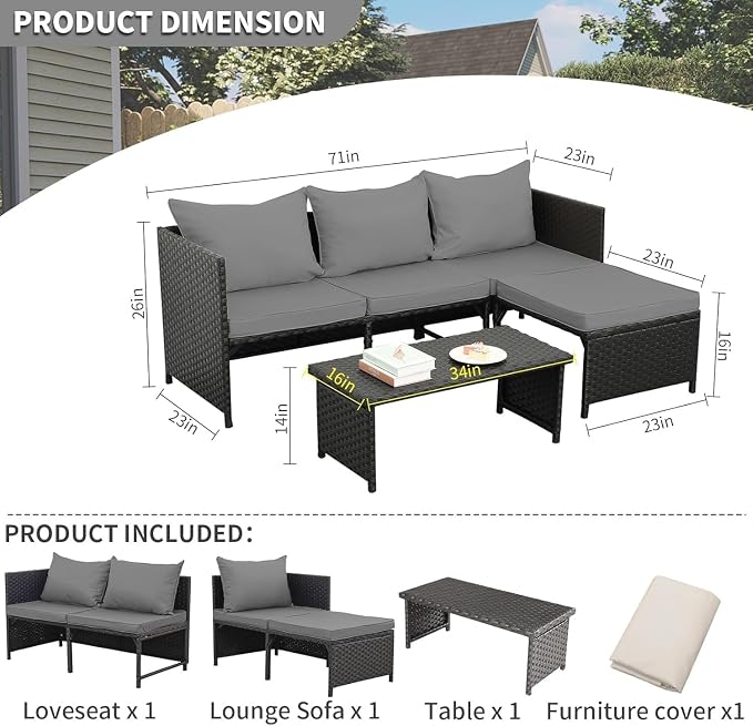 3-Piece Outdoor PE Rattan Furniture Set Patio Black Wicker Conversation Loveseat Sofa Sectional Couch Turquoise Cushion(Beige)