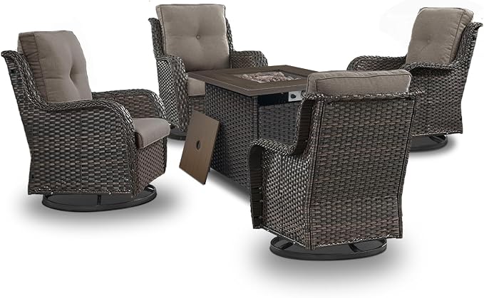 Wicker Patio Furniture Set- 4 Pieces Outdoor Swivel Rocker Chairs with 50,000 BTU Fire Pit Table,PE Rattan Outdoor Conversation Set for Garden Porch Deck