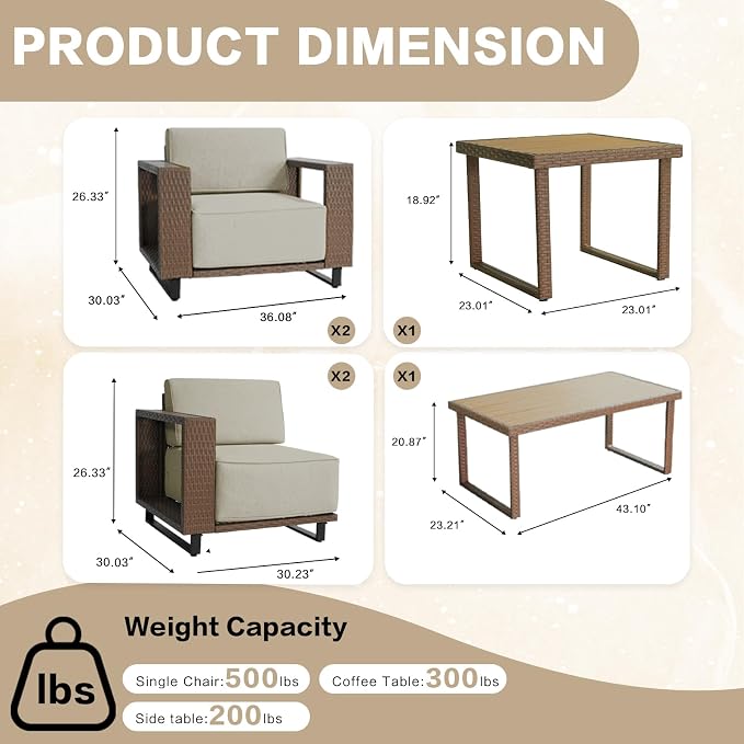 6 Pieces Outdoor Patio Furniture Set PE Rattan Weaving Sofa with 10 inch Thick Cushions and Steel Frame and Wooden Board Outdoor Conversation Set Beige Cushions for Porch Deck